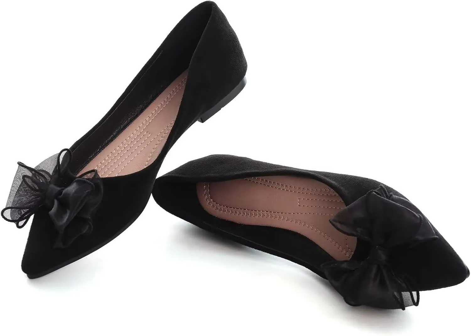 SAILING LU Bowknot Ballet Flats Womens Pointy Toe Casual Flat Shoes Suede Dress Shoes Wear to Work Slip On Moccasins