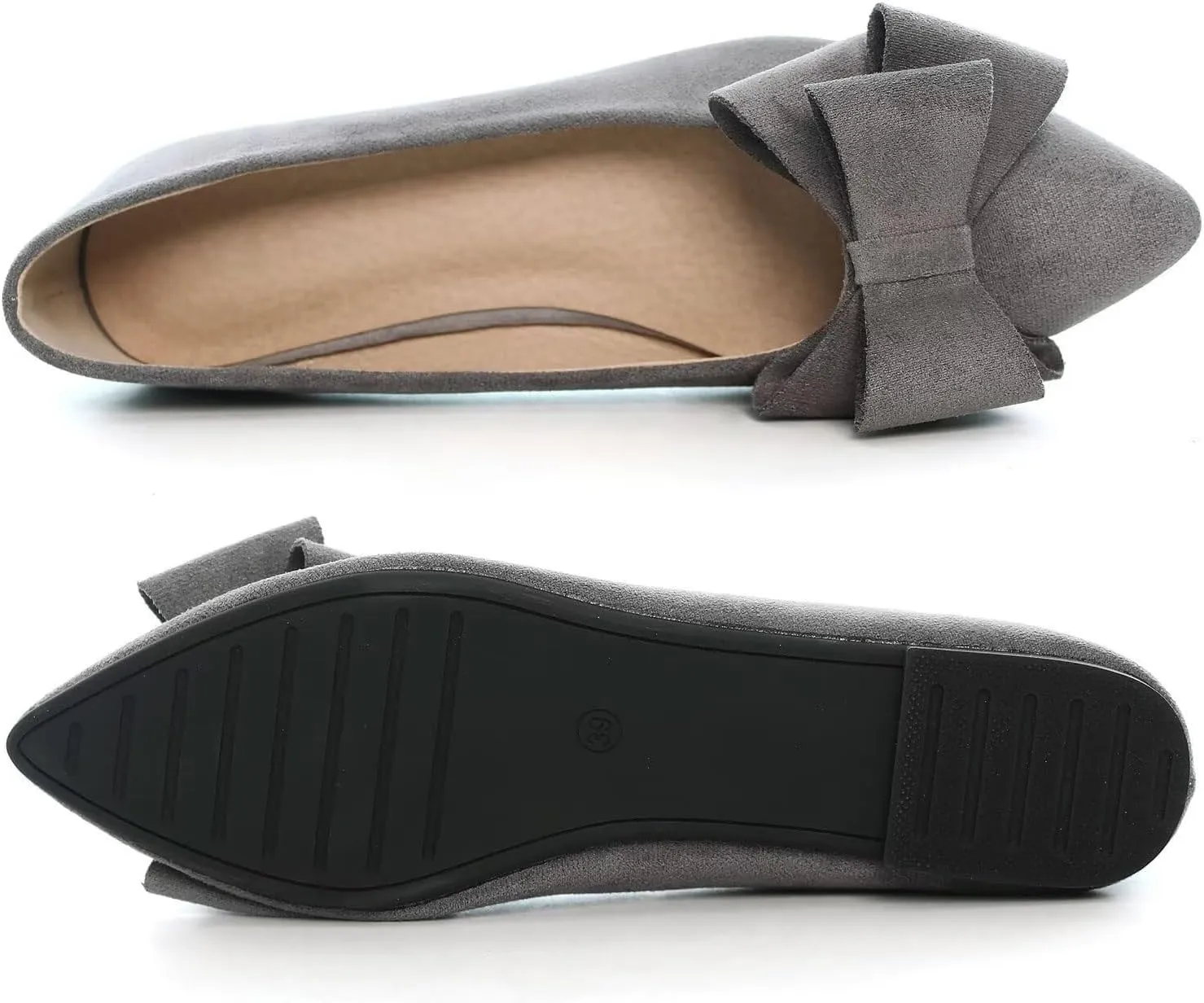 SAILING LU Bowknot Ballet Flats Womens Pointy Toe Casual Flat Shoes Suede Dress Shoes Wear to Work Slip On Moccasins