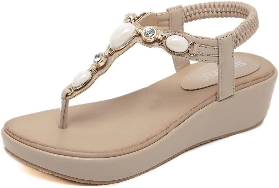 Sandals Women 2023 Summer Fashion Beaded Bohemian Elastic Back Strap Rhinestone Summer Slip on Sandals Comfy Wedge Clip Toe Flip Flops Beach Shoes