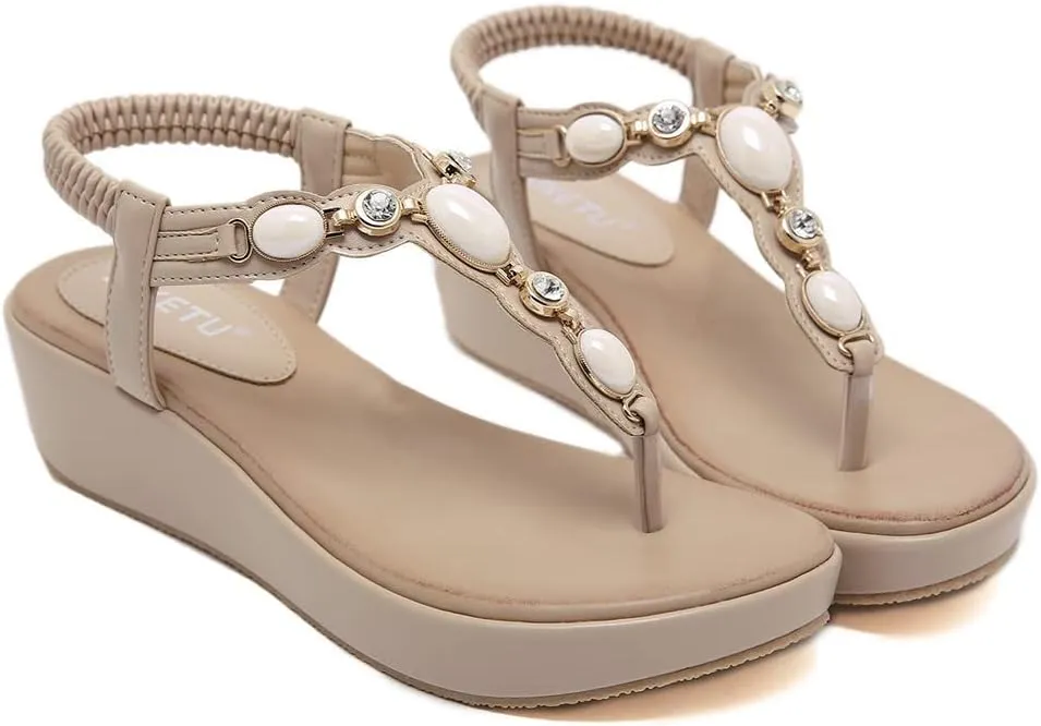 Sandals Women 2023 Summer Fashion Beaded Bohemian Elastic Back Strap Rhinestone Summer Slip on Sandals Comfy Wedge Clip Toe Flip Flops Beach Shoes