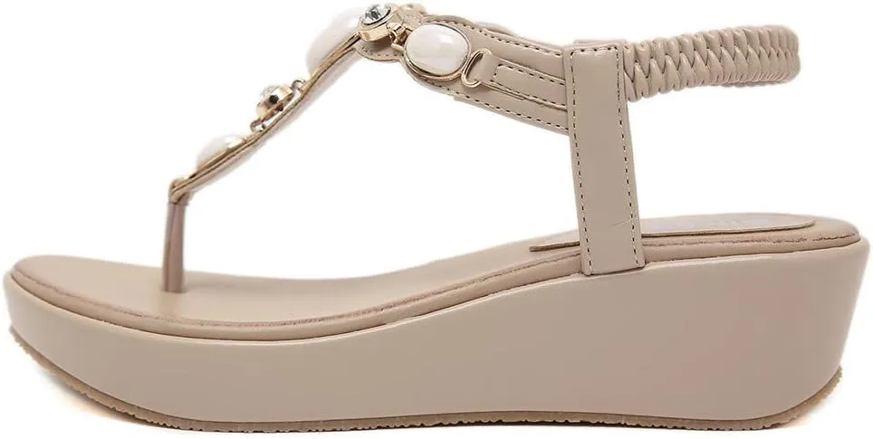 Sandals Women 2023 Summer Fashion Beaded Bohemian Elastic Back Strap Rhinestone Summer Slip on Sandals Comfy Wedge Clip Toe Flip Flops Beach Shoes