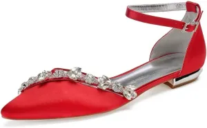 Satin Rhinestones Wedding Shoes for Bride Flats Pointed Toe Formal Dress Shoes Flats