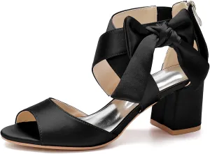 Satin Sandals Chunky Heel Bow Sandals Open Toe Ankle Women's Dressy Block Heel Sandals