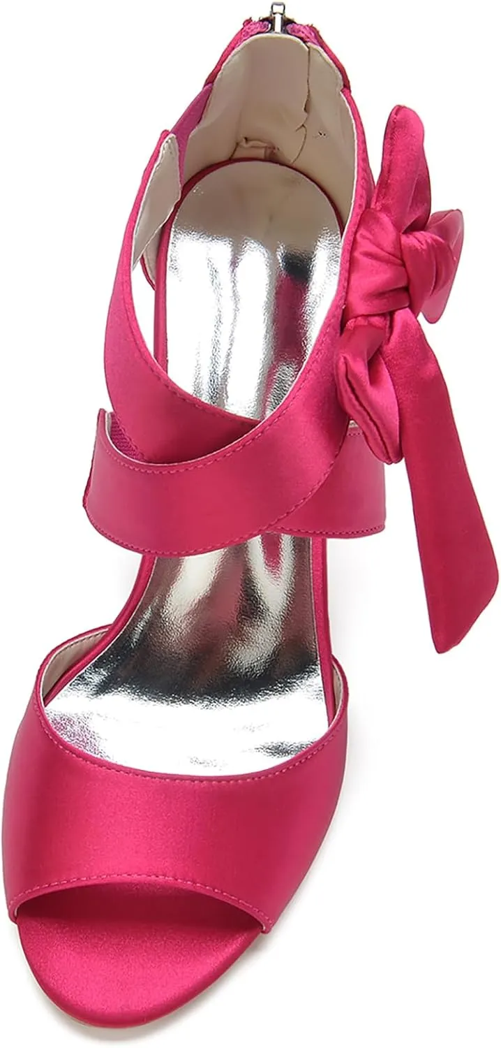 Satin Sandals Chunky Heel Bow Sandals Open Toe Ankle Women's Dressy Block Heel Sandals