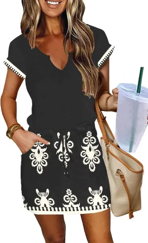 SAUKOLE Womens Summer Dress Casual Short Sleeve V Neck Sundress Drawstring Waist Short Mini Dresses with Pockets