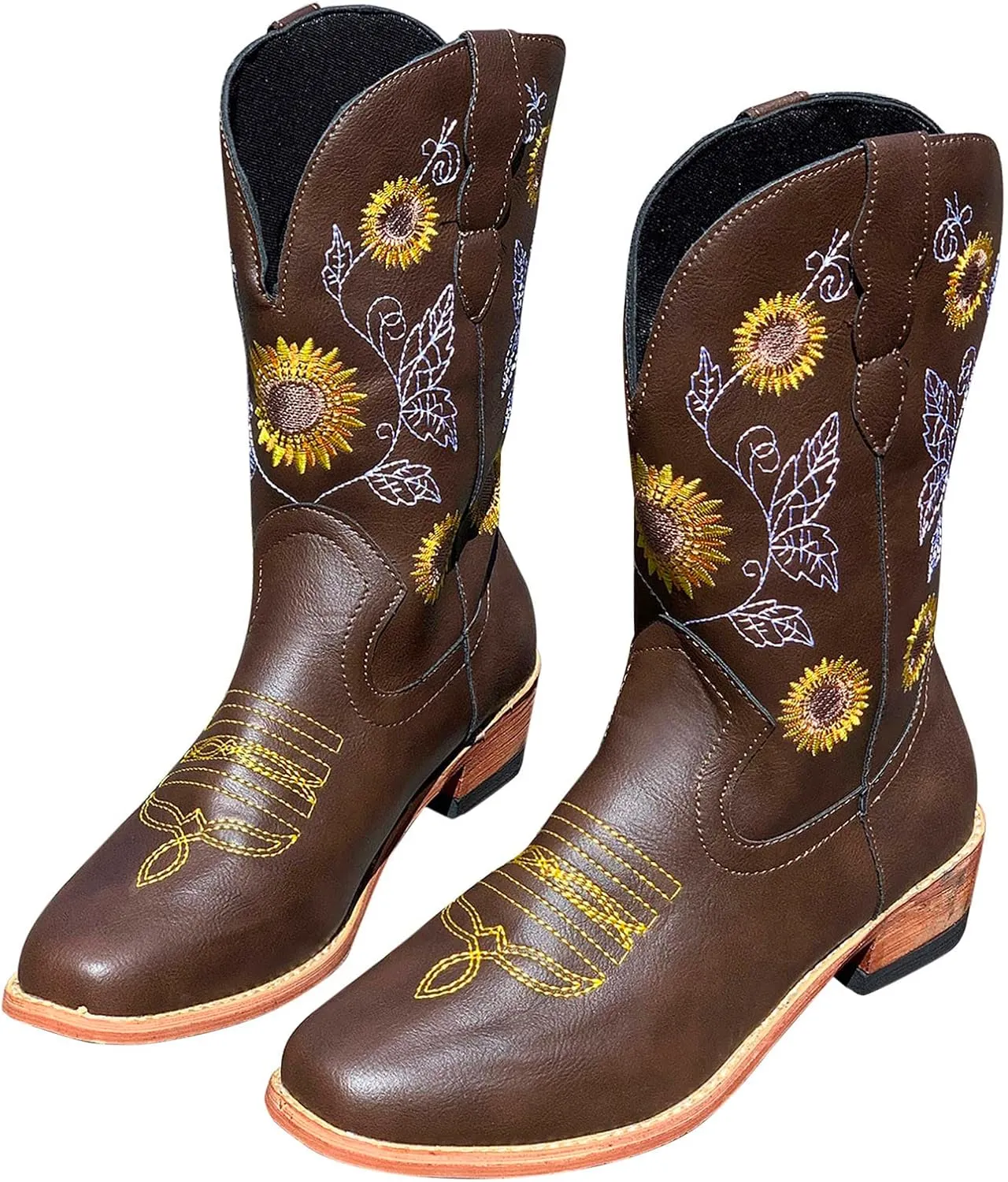 SBGMoSJ Cowgirl Cowboy Boots Brown Leather Wide Calf Boots Women Knee High Extra Wide Calf White Cowgirl Boots Women's Cowgirl Boots Brown Mid Calf Women Cowboy Boots Square Toe Wide