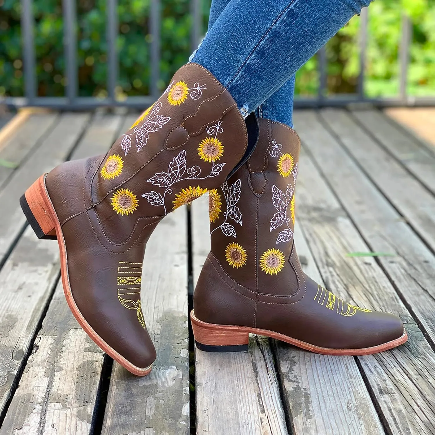 SBGMoSJ Cowgirl Cowboy Boots Brown Leather Wide Calf Boots Women Knee High Extra Wide Calf White Cowgirl Boots Women's Cowgirl Boots Brown Mid Calf Women Cowboy Boots Square Toe Wide