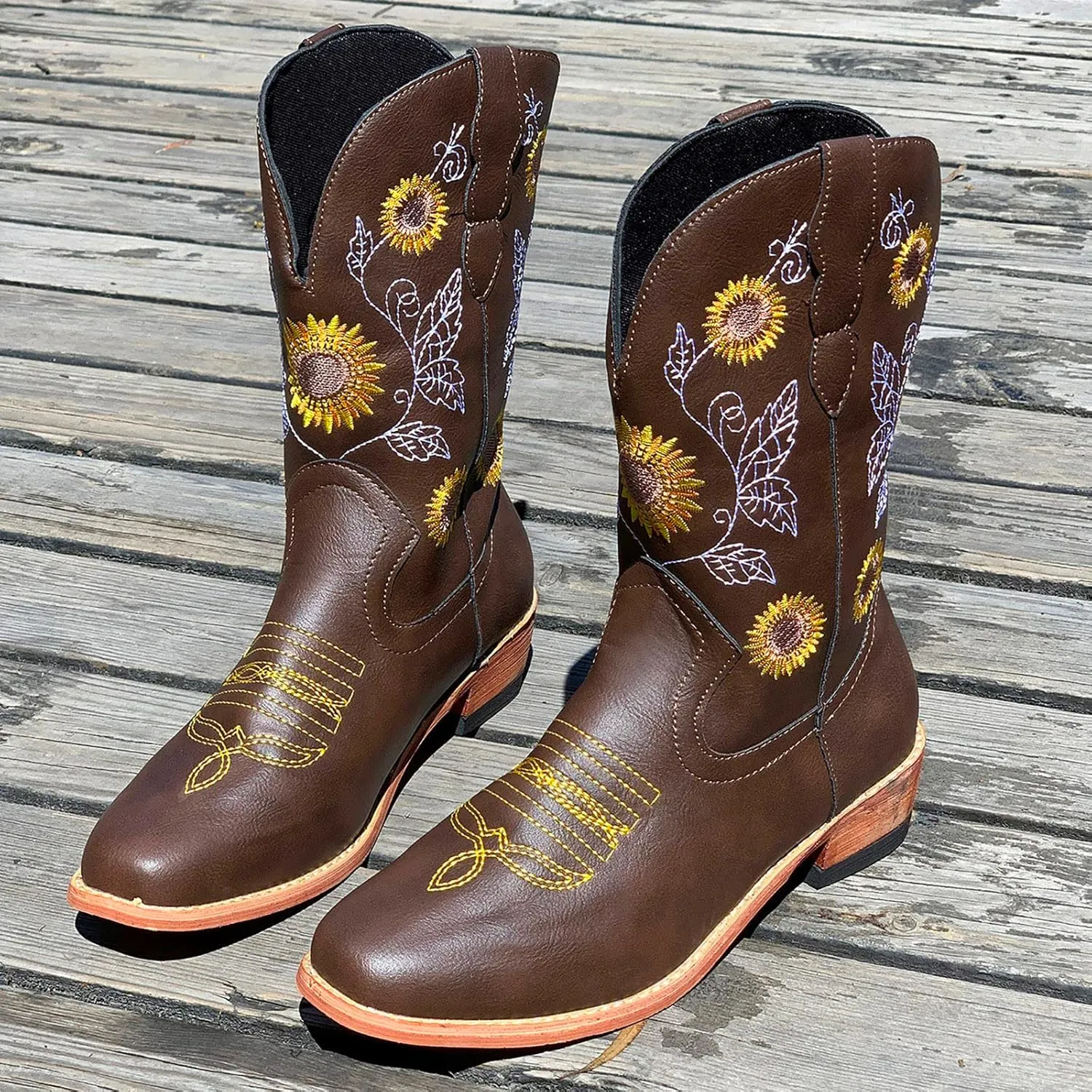 SBGMoSJ Cowgirl Cowboy Boots Brown Leather Wide Calf Boots Women Knee High Extra Wide Calf White Cowgirl Boots Women's Cowgirl Boots Brown Mid Calf Women Cowboy Boots Square Toe Wide