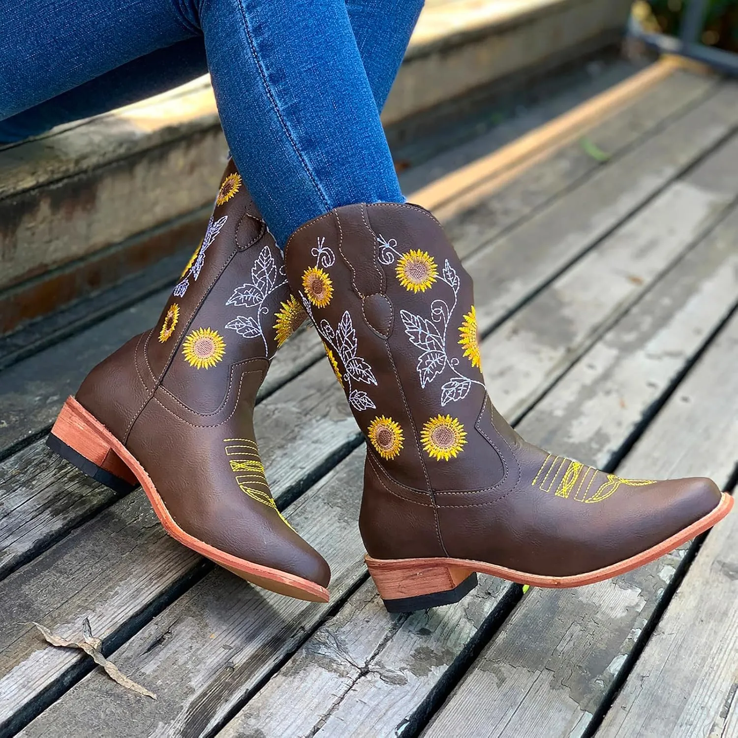 SBGMoSJ Cowgirl Cowboy Boots Brown Leather Wide Calf Boots Women Knee High Extra Wide Calf White Cowgirl Boots Women's Cowgirl Boots Brown Mid Calf Women Cowboy Boots Square Toe Wide