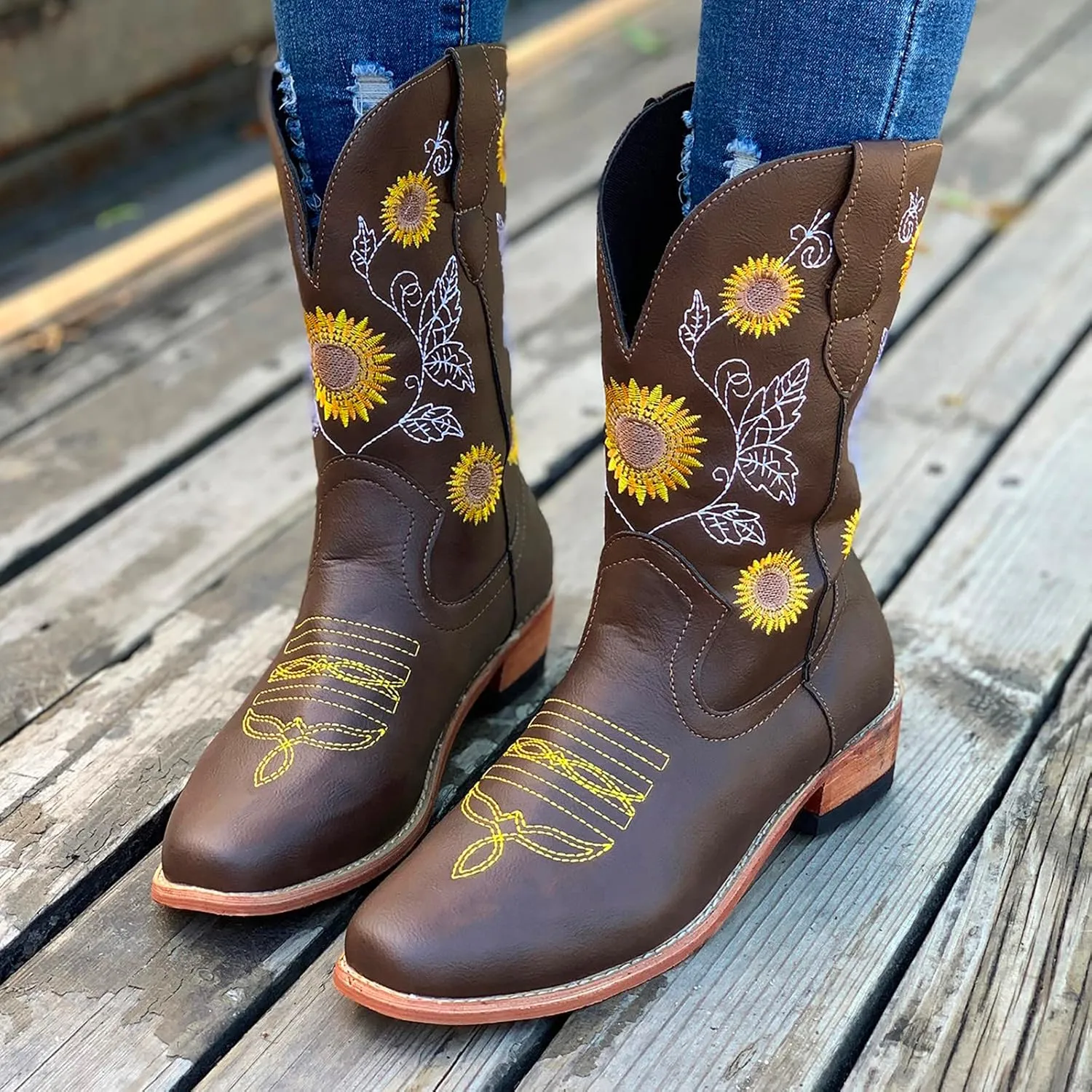 SBGMoSJ Cowgirl Cowboy Boots Brown Leather Wide Calf Boots Women Knee High Extra Wide Calf White Cowgirl Boots Women's Cowgirl Boots Brown Mid Calf Women Cowboy Boots Square Toe Wide