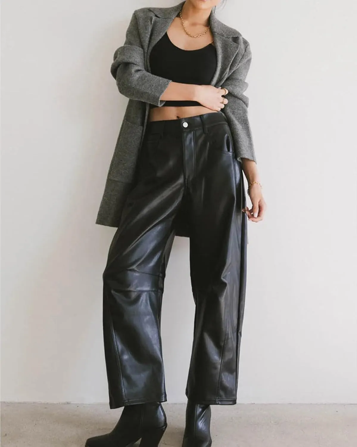 SCOFEEL Women's Vegan Leather Pants Mid Waist Wide Leg Barrel Pants Baggy Casual Faux Leather Trousers with Pockets