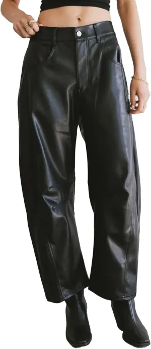 SCOFEEL Women's Vegan Leather Pants Mid Waist Wide Leg Barrel Pants Baggy Casual Faux Leather Trousers with Pockets