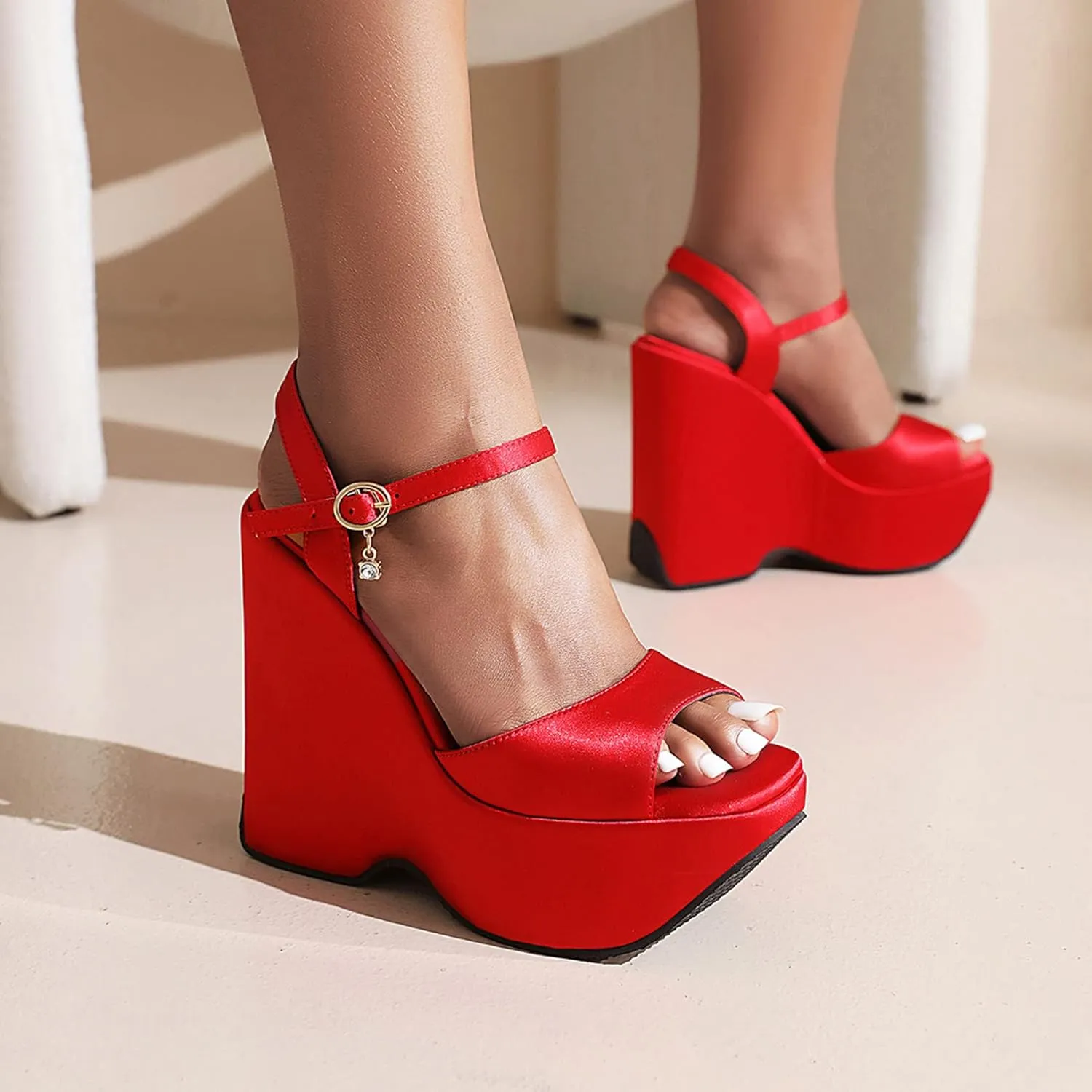 SEIFIN Women's Platform Wedge Heels Sandals Peep Toe Ankle Strap High Heeled Sandals