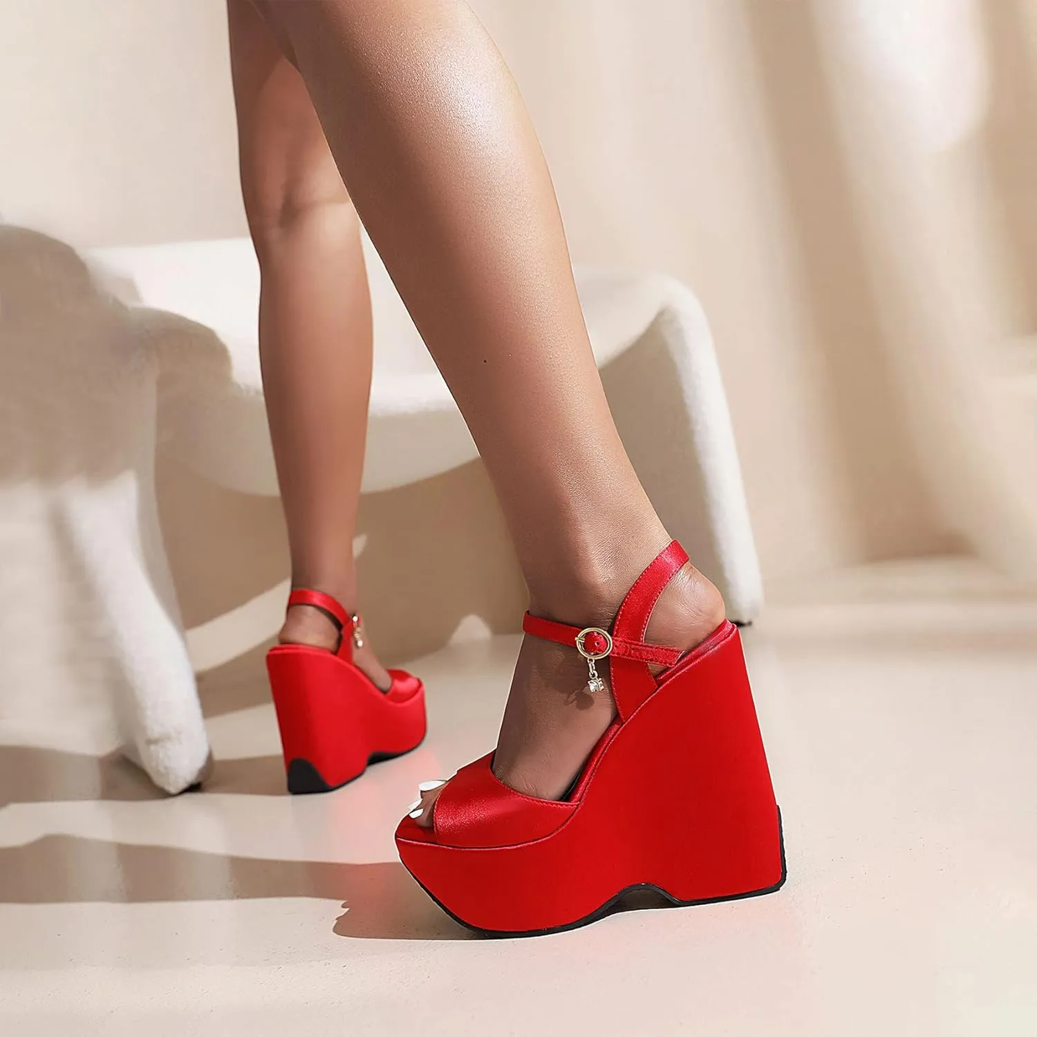 SEIFIN Women's Platform Wedge Heels Sandals Peep Toe Ankle Strap High Heeled Sandals
