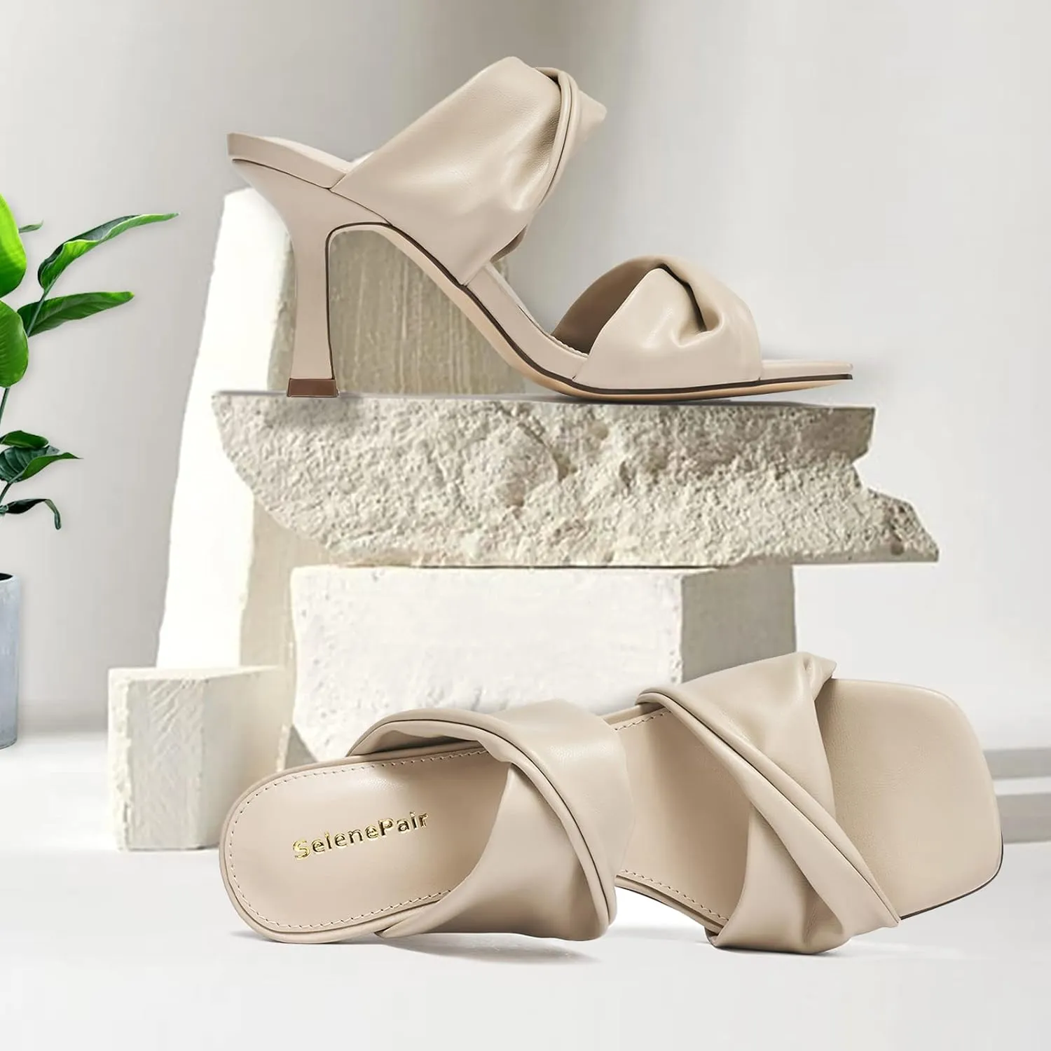 SelenePair Women's Square Open Toe High Heeled Sandals Fashion Stiletto Heel Pumps Backless Peep Toe Slip-on Dress Shoes