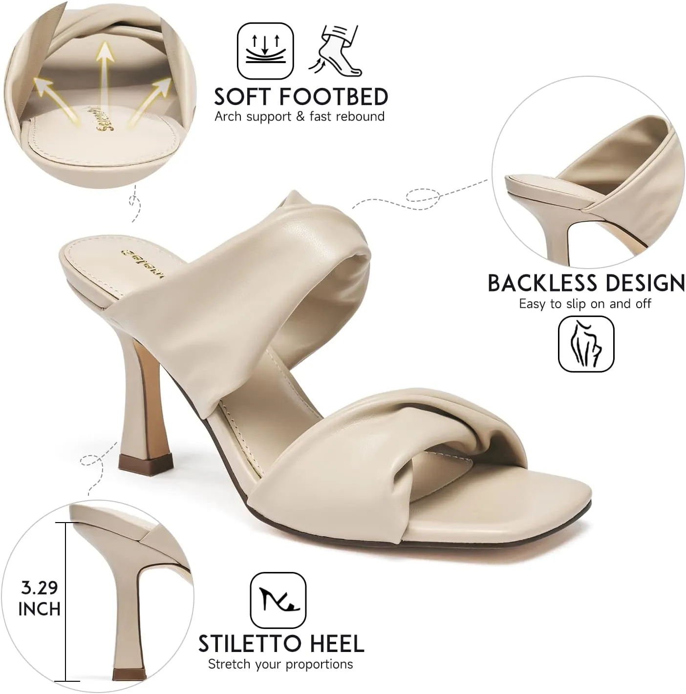 SelenePair Women's Square Open Toe High Heeled Sandals Fashion Stiletto Heel Pumps Backless Peep Toe Slip-on Dress Shoes