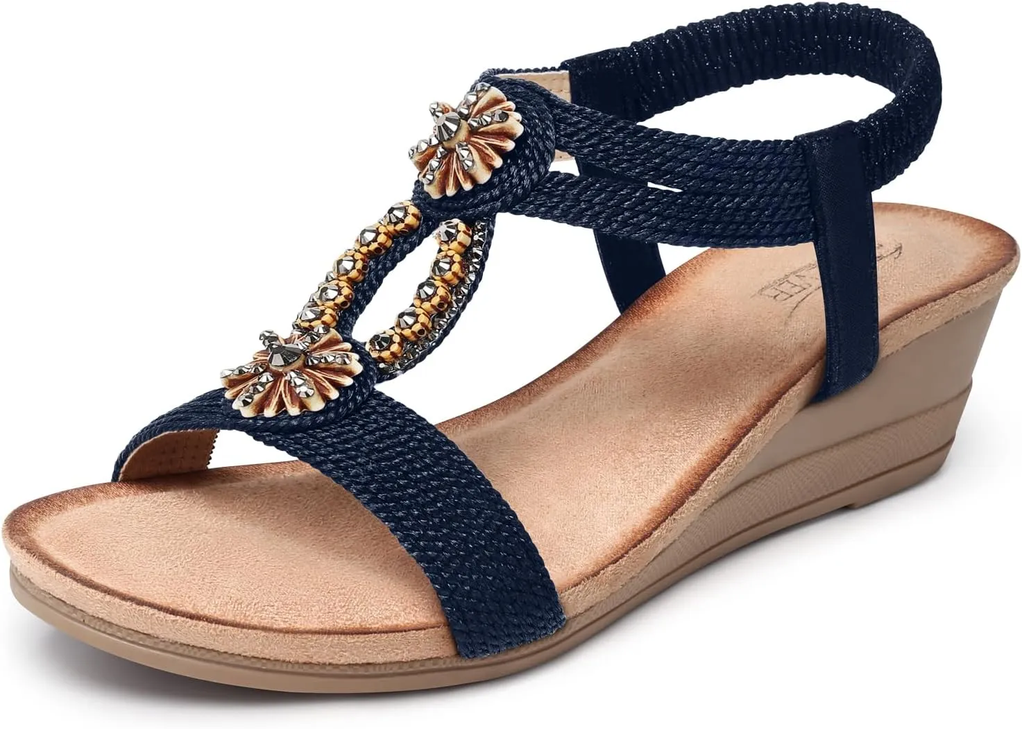 SHIBEVER Womens Wedge Sandals Flower Low Heel Dressy Sandals Elastic Ankle Strap Rhinestone Summer Comfortable Shoe