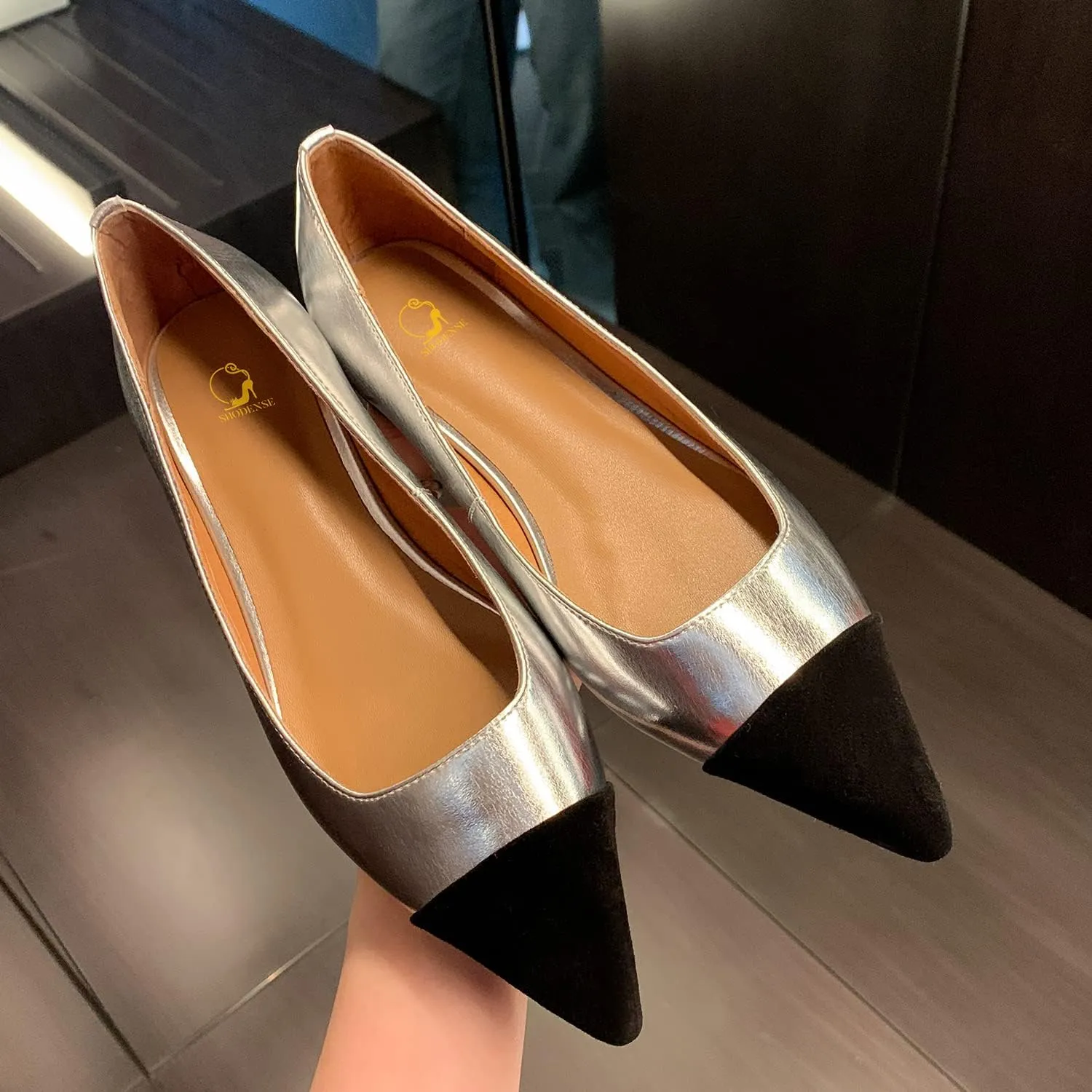 SHODENSE Women Casual Cap Toe Flats Slip on Pointed Toe Ballet Flats Two Tone 0.5" Low Flat Heel Pumps Comfort Colorblock Basic Flat Dress Shoes Work Chic Driver Flats Fall 4-11 M US