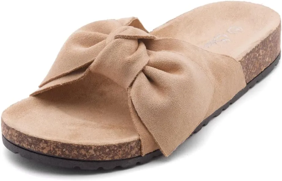 Shoe Land SL-Nylah Womens Flat Sandals Fashion Knot Bow Slides Open Toe Dressy Sandal Slip on Slippers Black Red Beige Fuchsia Green Blue Flat Sandals for Summer Beach Vacation