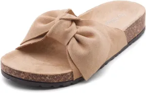 Shoe Land SL-Nylah Womens Flat Sandals Fashion Knot Bow Slides Open Toe Dressy Sandal Slip on Slippers Black Red Beige Fuchsia Green Blue Flat Sandals for Summer Beach Vacation