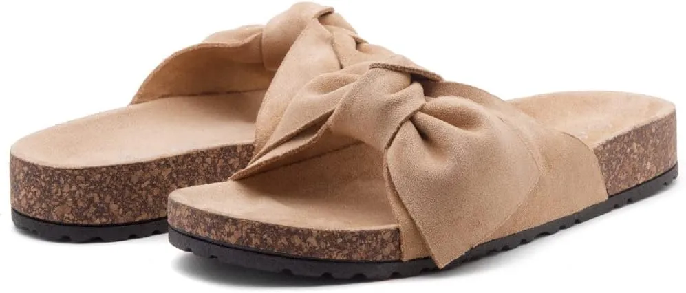Shoe Land SL-Nylah Womens Flat Sandals Fashion Knot Bow Slides Open Toe Dressy Sandal Slip on Slippers Black Red Beige Fuchsia Green Blue Flat Sandals for Summer Beach Vacation