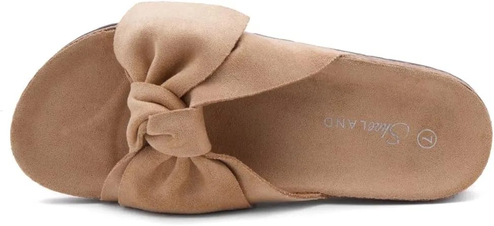 Shoe Land SL-Nylah Womens Flat Sandals Fashion Knot Bow Slides Open Toe Dressy Sandal Slip on Slippers Black Red Beige Fuchsia Green Blue Flat Sandals for Summer Beach Vacation