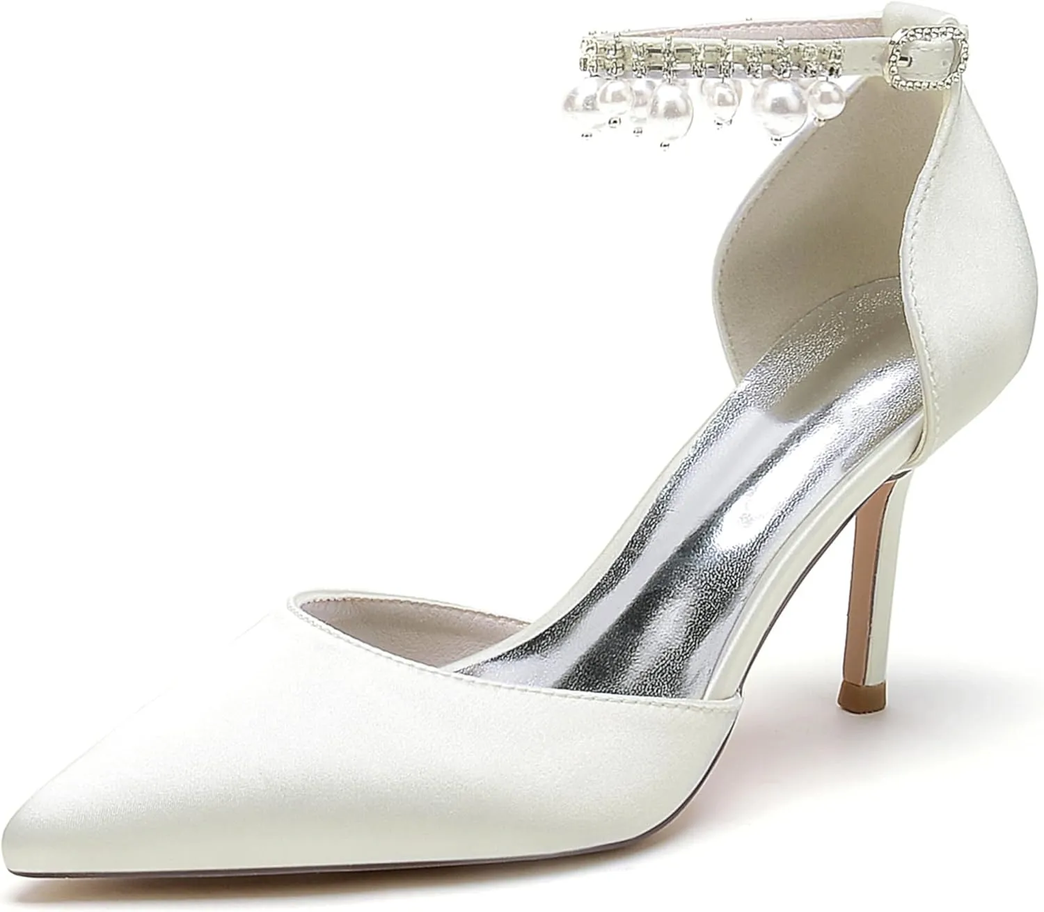 Silk Pearl Wedding Shoes Bride Pointed Toe Ankle Buckle Strap Bridesmaid High Heels Women Bridal Party Pumps 8.5Cm