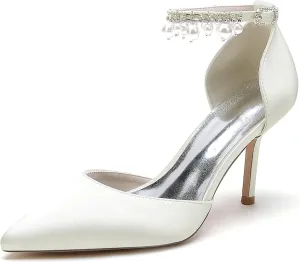 Silk Pearl Wedding Shoes Bride Pointed Toe Ankle Buckle Strap Bridesmaid High Heels Women Bridal Party Pumps 8.5Cm
