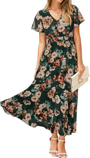 Simplee Womens Floral Maxi Dress - Short Sleeve Summer Boho Wedding Guest Dress Empire Waist Chiffon Modest Midi Dresses