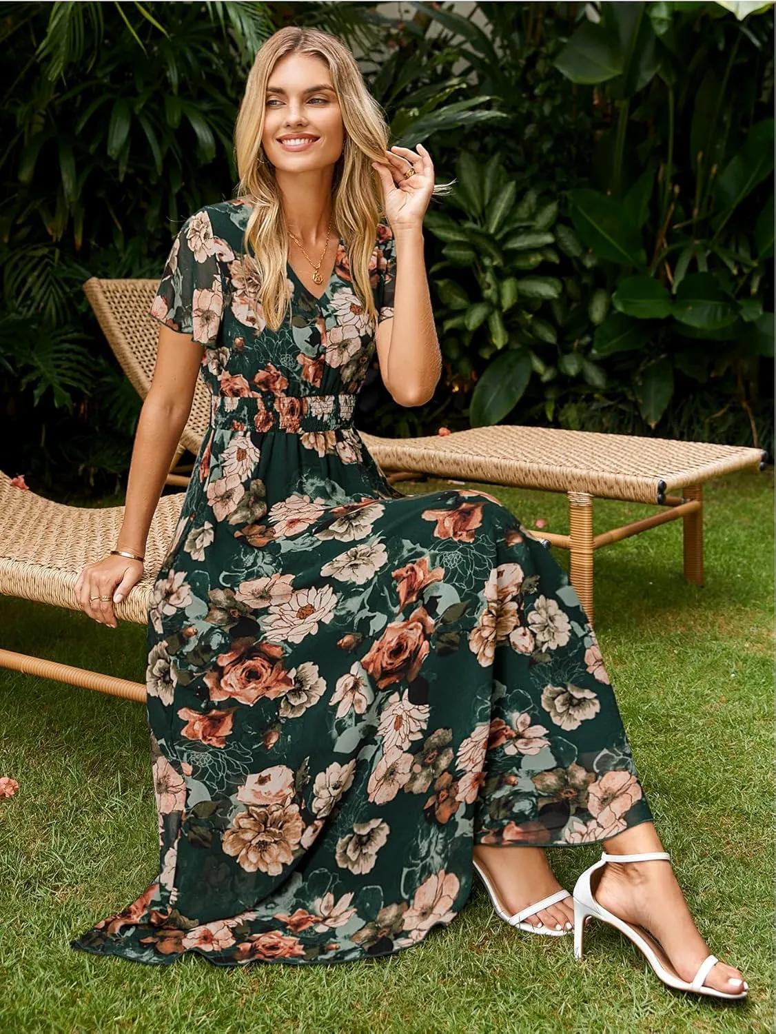 Simplee Womens Floral Maxi Dress - Short Sleeve Summer Boho Wedding Guest Dress Empire Waist Chiffon Modest Midi Dresses