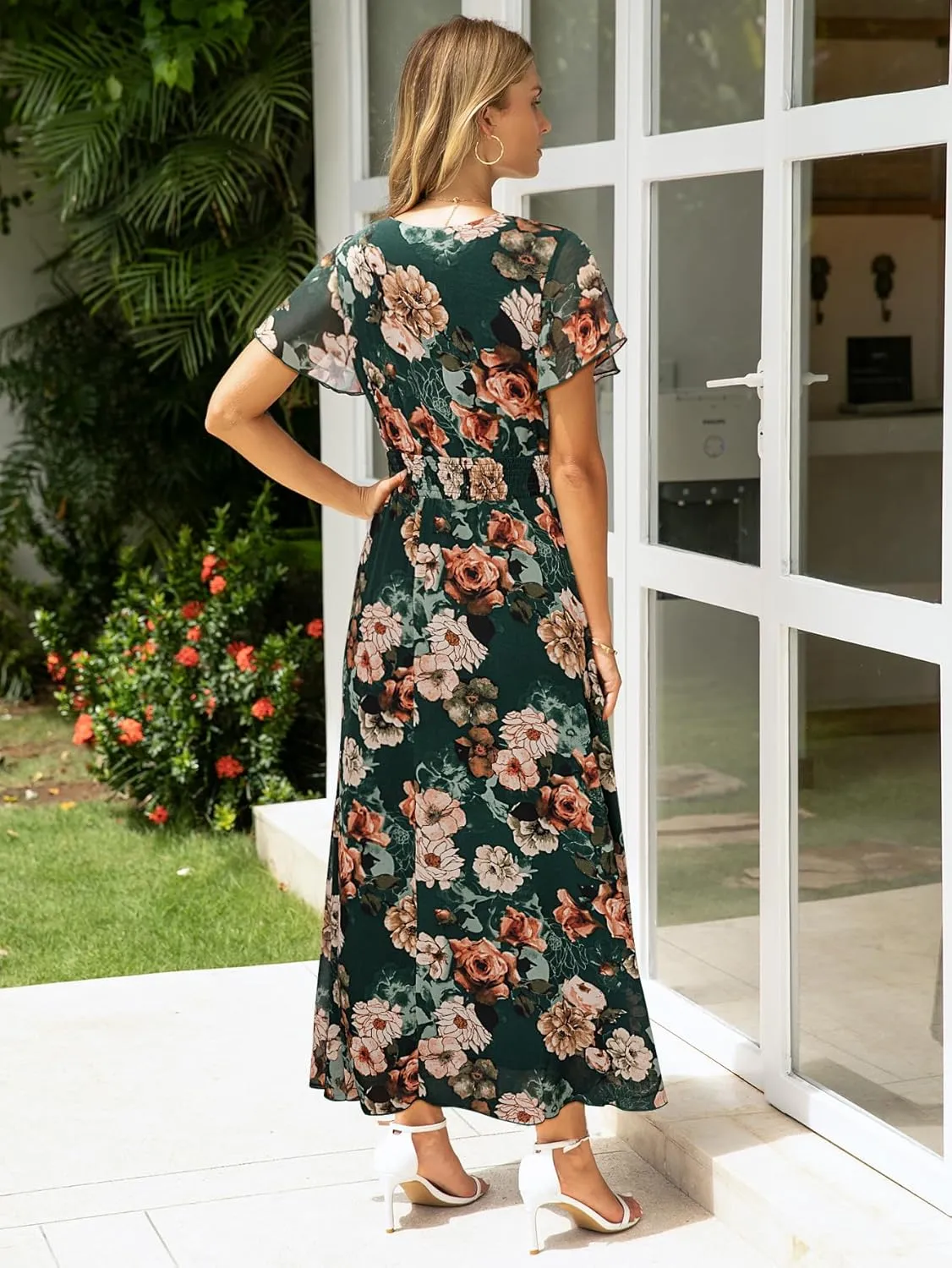 Simplee Womens Floral Maxi Dress - Short Sleeve Summer Boho Wedding Guest Dress Empire Waist Chiffon Modest Midi Dresses