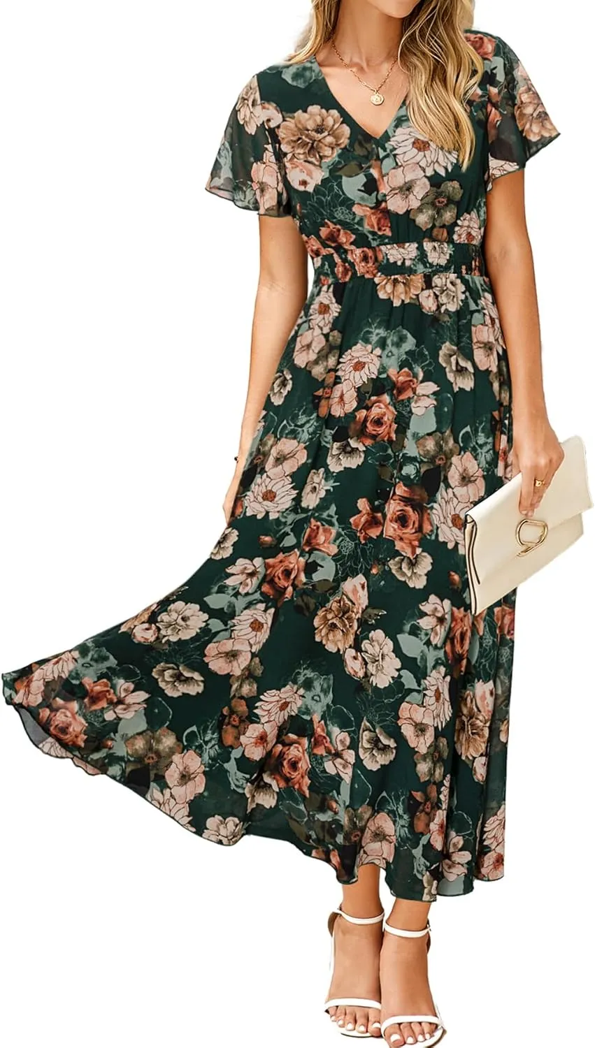 Simplee Womens Floral Maxi Dress - Short Sleeve Summer Boho Wedding Guest Dress Empire Waist Chiffon Modest Midi Dresses