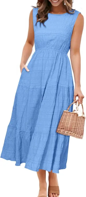 Simplee Women's Summer Casual Sleeveless Crewneck Sundress - A Line Flowy Tiered Midi Dress Long Beach Dresses with Pockets
