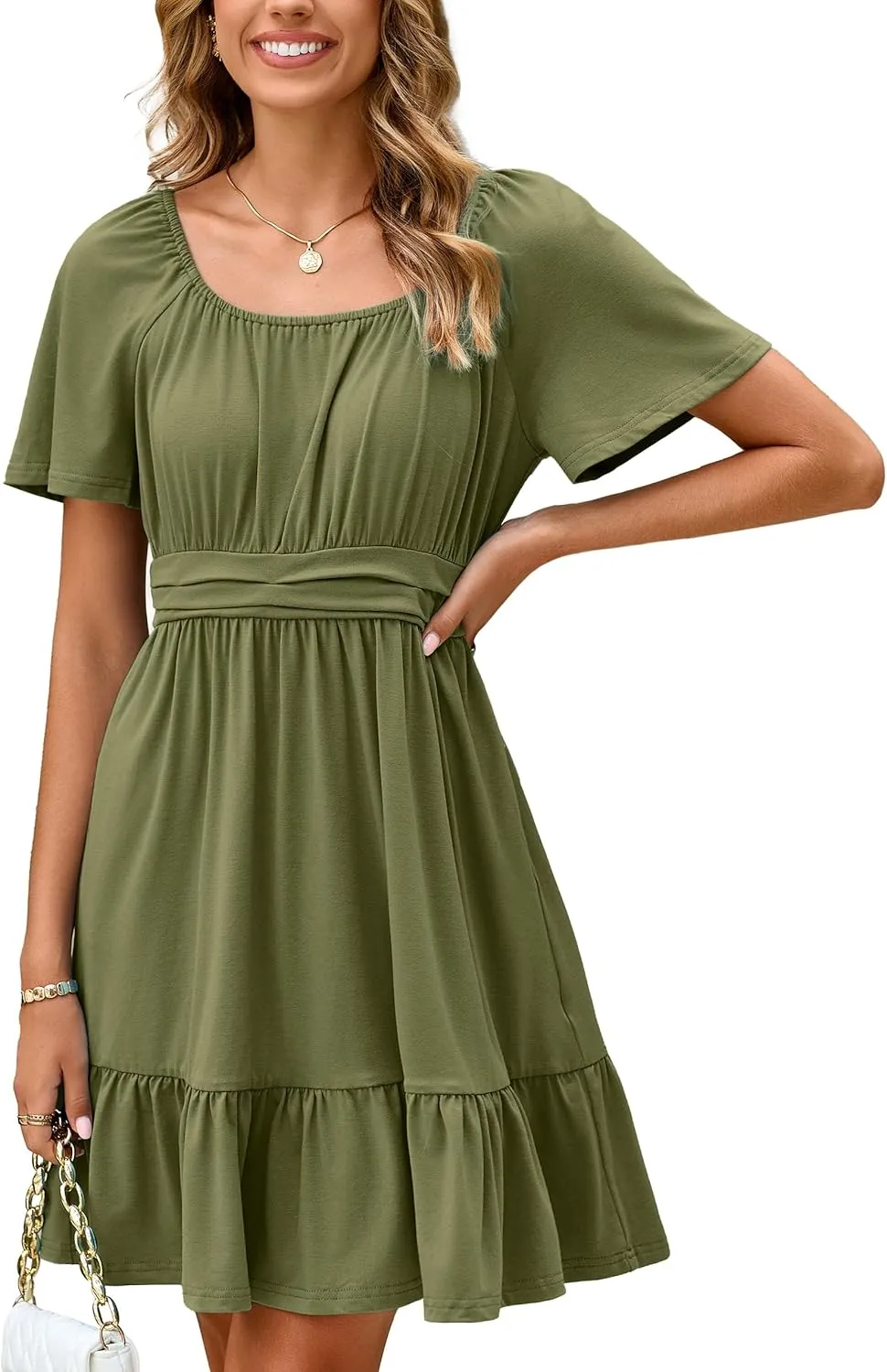 Simplee Womens Summer Dresses 2025 Mini Square Neck Casual Short Sleeve Shirred Flowy A-Line Dress with Pockets