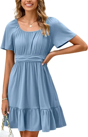 Simplee Womens Summer Dresses 2025 Mini Square Neck Casual Short Sleeve Shirred Flowy A-Line Dress with Pockets