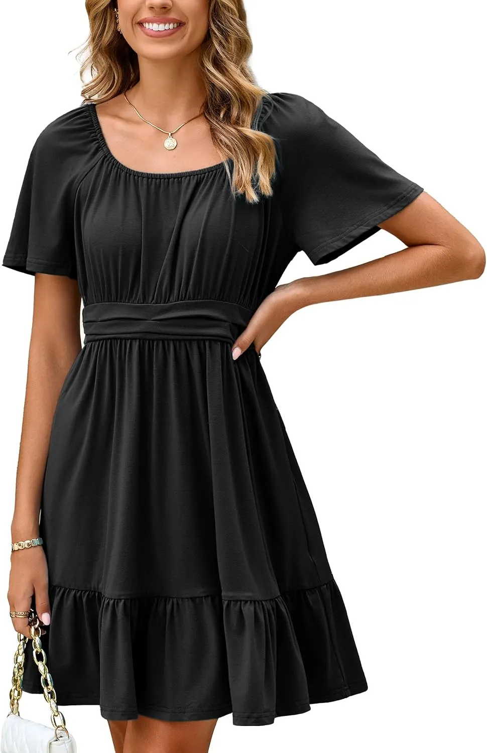 Simplee Womens Summer Dresses 2025 Mini Square Neck Casual Short Sleeve Shirred Flowy A-Line Dress with Pockets