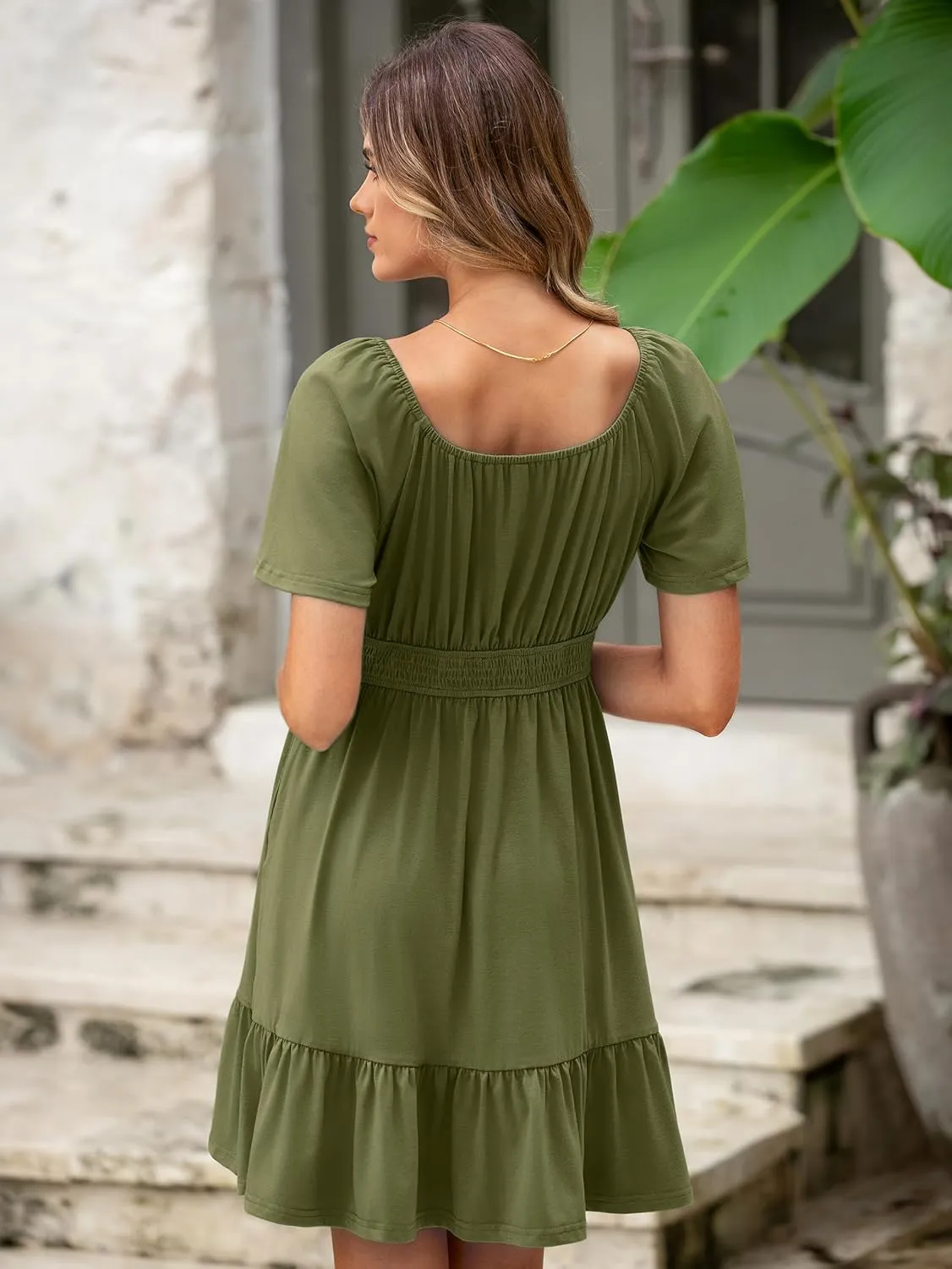 Simplee Womens Summer Dresses 2025 Mini Square Neck Casual Short Sleeve Shirred Flowy A-Line Dress with Pockets
