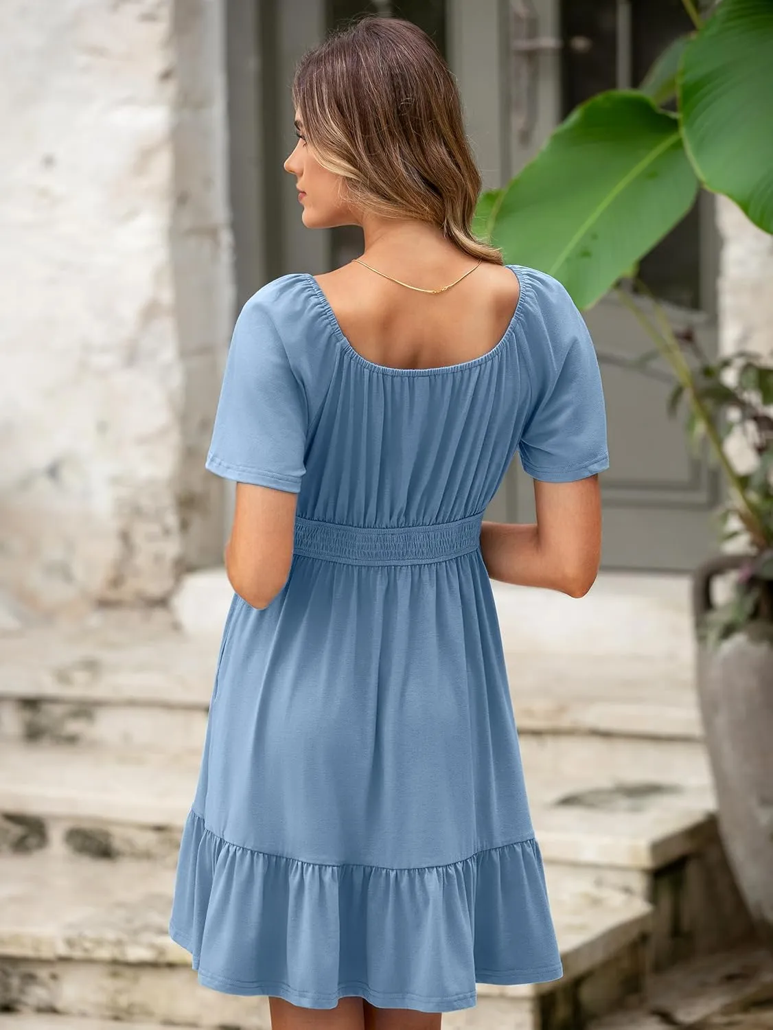 Simplee Womens Summer Dresses 2025 Mini Square Neck Casual Short Sleeve Shirred Flowy A-Line Dress with Pockets