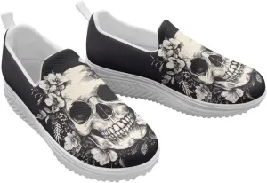 Skull Design Women's Slip-On Platform Loafers Mesh Non-Slip Rocker Bottom Sneakers Standing All Day Comfort