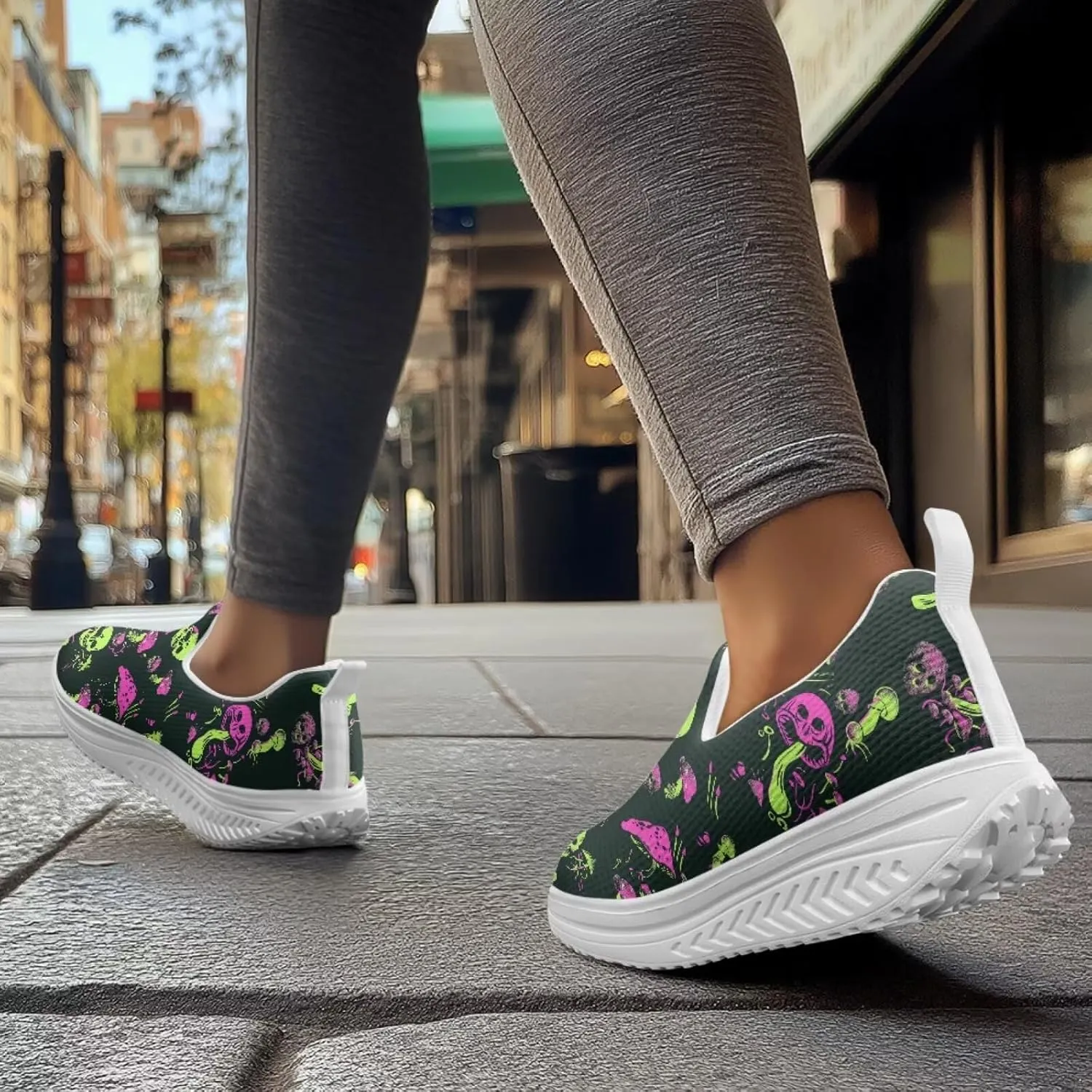 Skull Design Women's Slip-On Platform Loafers Mesh Non-Slip Rocker Bottom Sneakers Standing All Day Comfort