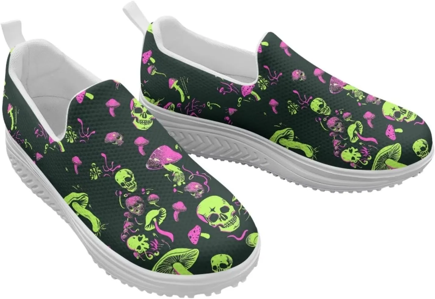 Skull Design Women's Slip-On Platform Loafers Mesh Non-Slip Rocker Bottom Sneakers Standing All Day Comfort
