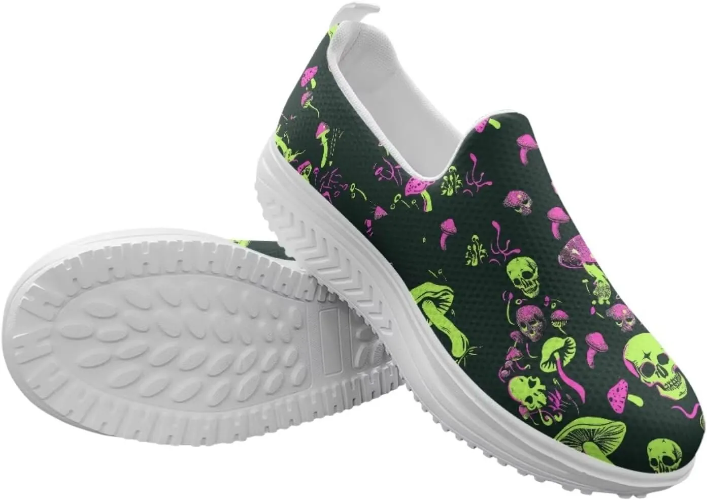 Skull Design Women's Slip-On Platform Loafers Mesh Non-Slip Rocker Bottom Sneakers Standing All Day Comfort