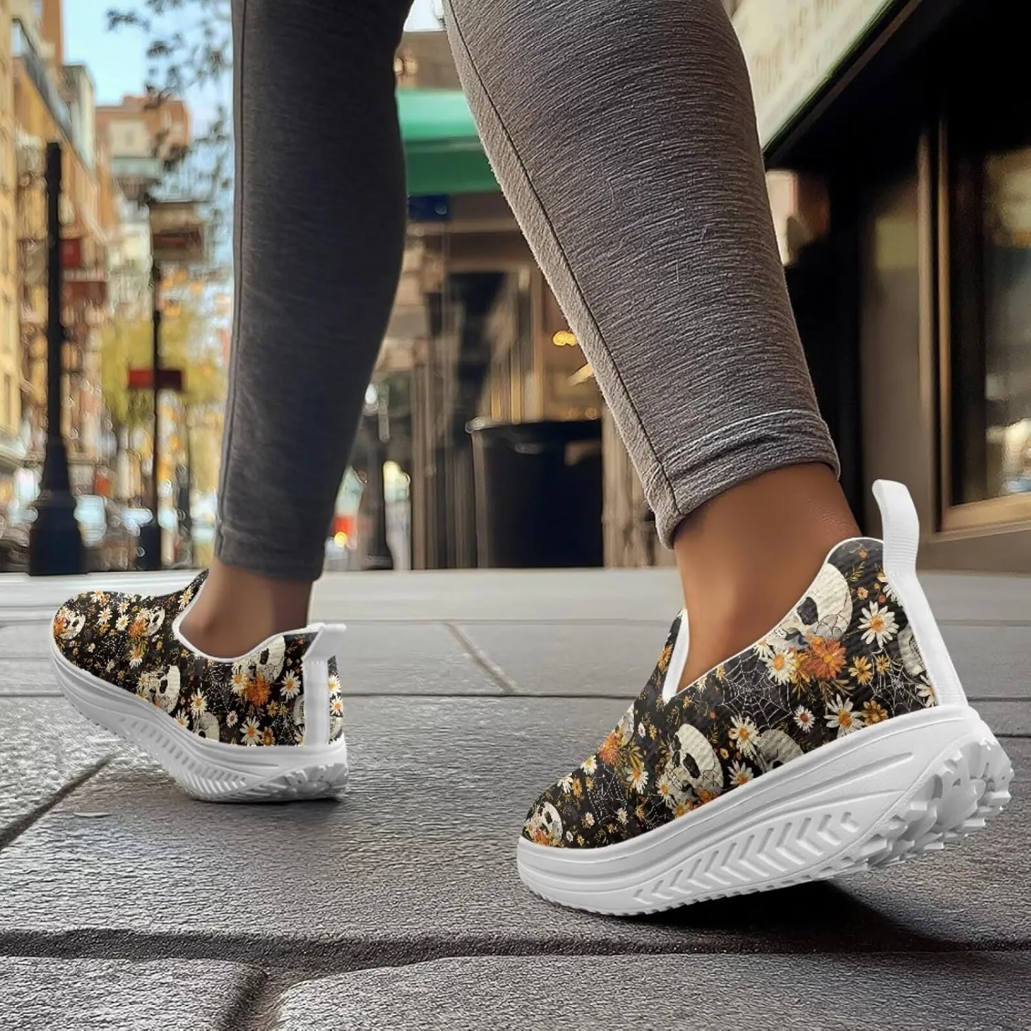 Skull Design Women's Slip-On Platform Loafers Mesh Non-Slip Rocker Bottom Sneakers Standing All Day Comfort