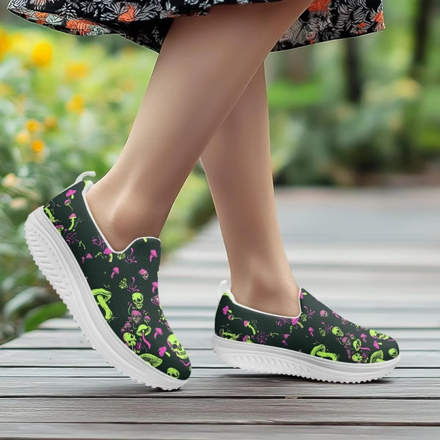 Skull Design Women's Slip-On Platform Loafers Mesh Non-Slip Rocker Bottom Sneakers Standing All Day Comfort