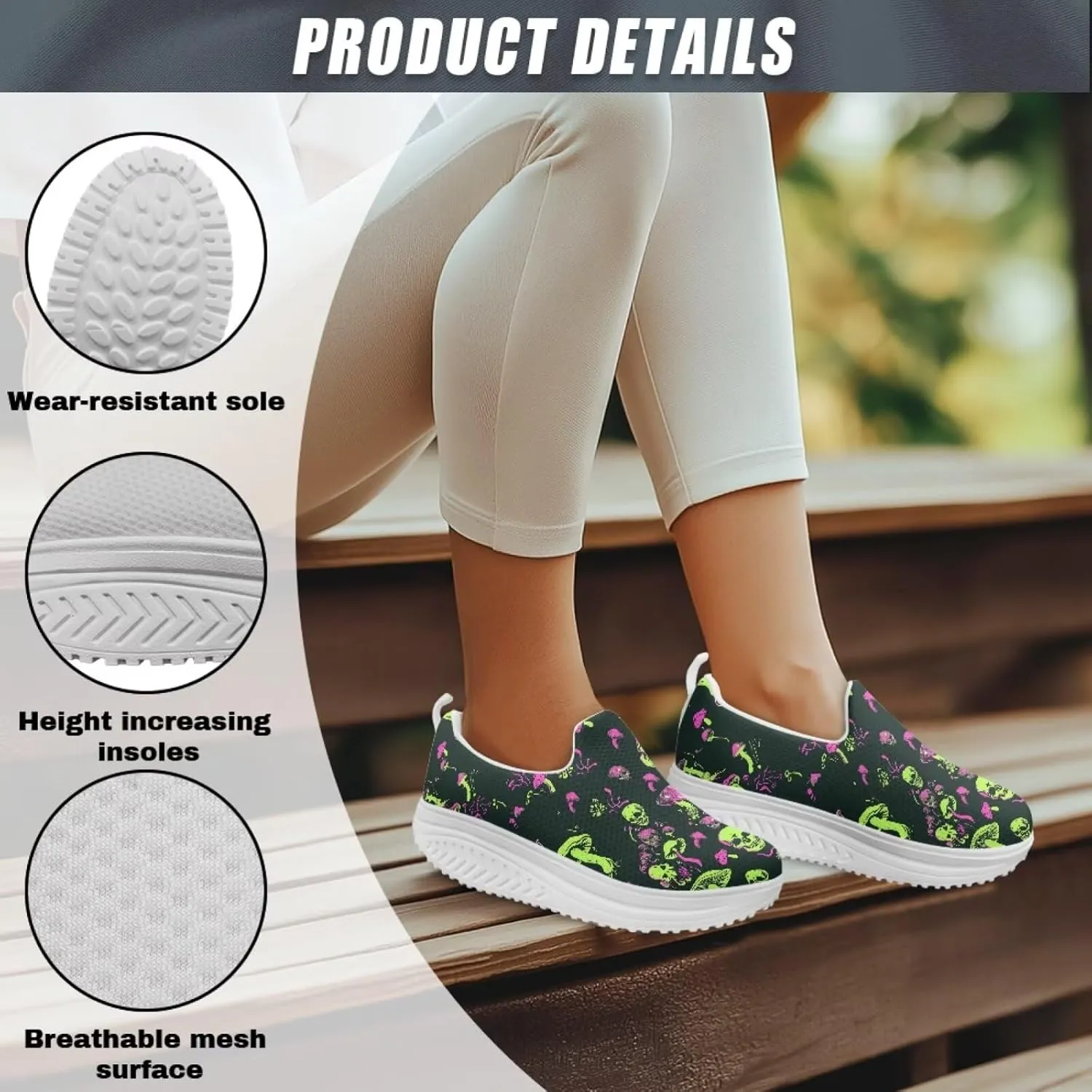 Skull Design Women's Slip-On Platform Loafers Mesh Non-Slip Rocker Bottom Sneakers Standing All Day Comfort