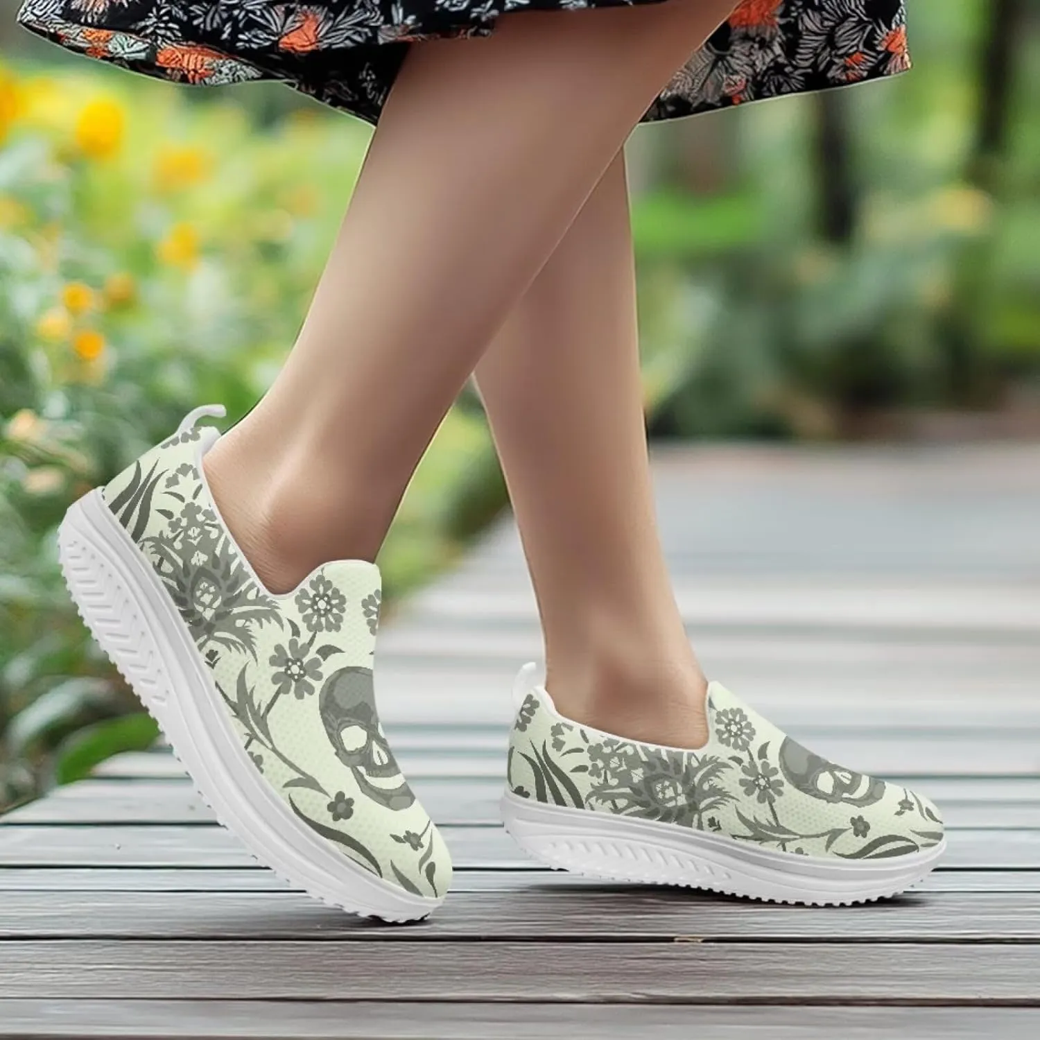 Skull Design Women's Slip-On Platform Loafers Mesh Non-Slip Rocker Bottom Sneakers Standing All Day Comfort