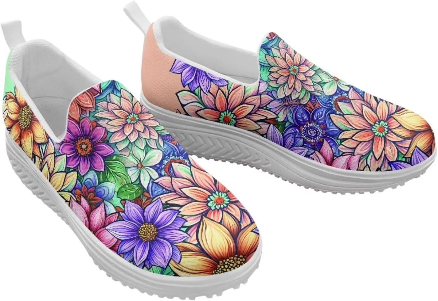 Slip On Women Shoes Hippie Florals Rocking Sole Loafers Comfort Elastic Stretch Mesh Casual Walking Sneakers