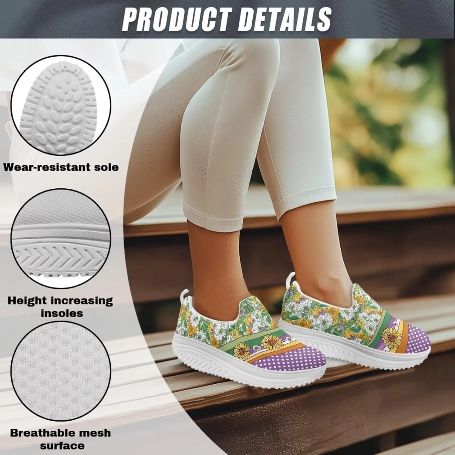 Slip On Women Shoes Hippie Florals Rocking Sole Loafers Comfort Elastic Stretch Mesh Casual Walking Sneakers