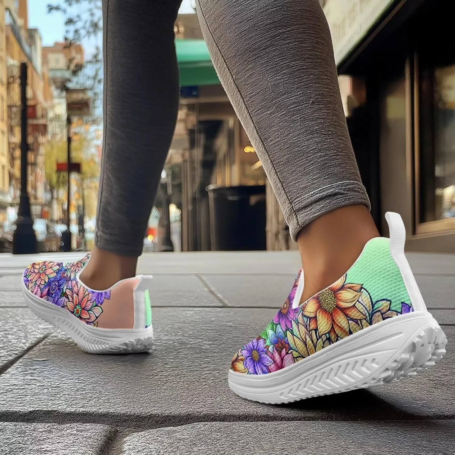 Slip On Women Shoes Hippie Florals Rocking Sole Loafers Comfort Elastic Stretch Mesh Casual Walking Sneakers