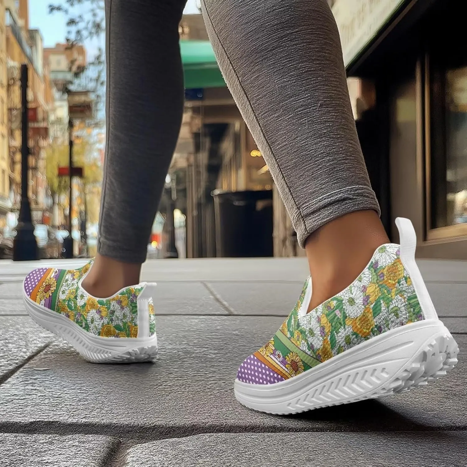 Slip On Women Shoes Hippie Florals Rocking Sole Loafers Comfort Elastic Stretch Mesh Casual Walking Sneakers